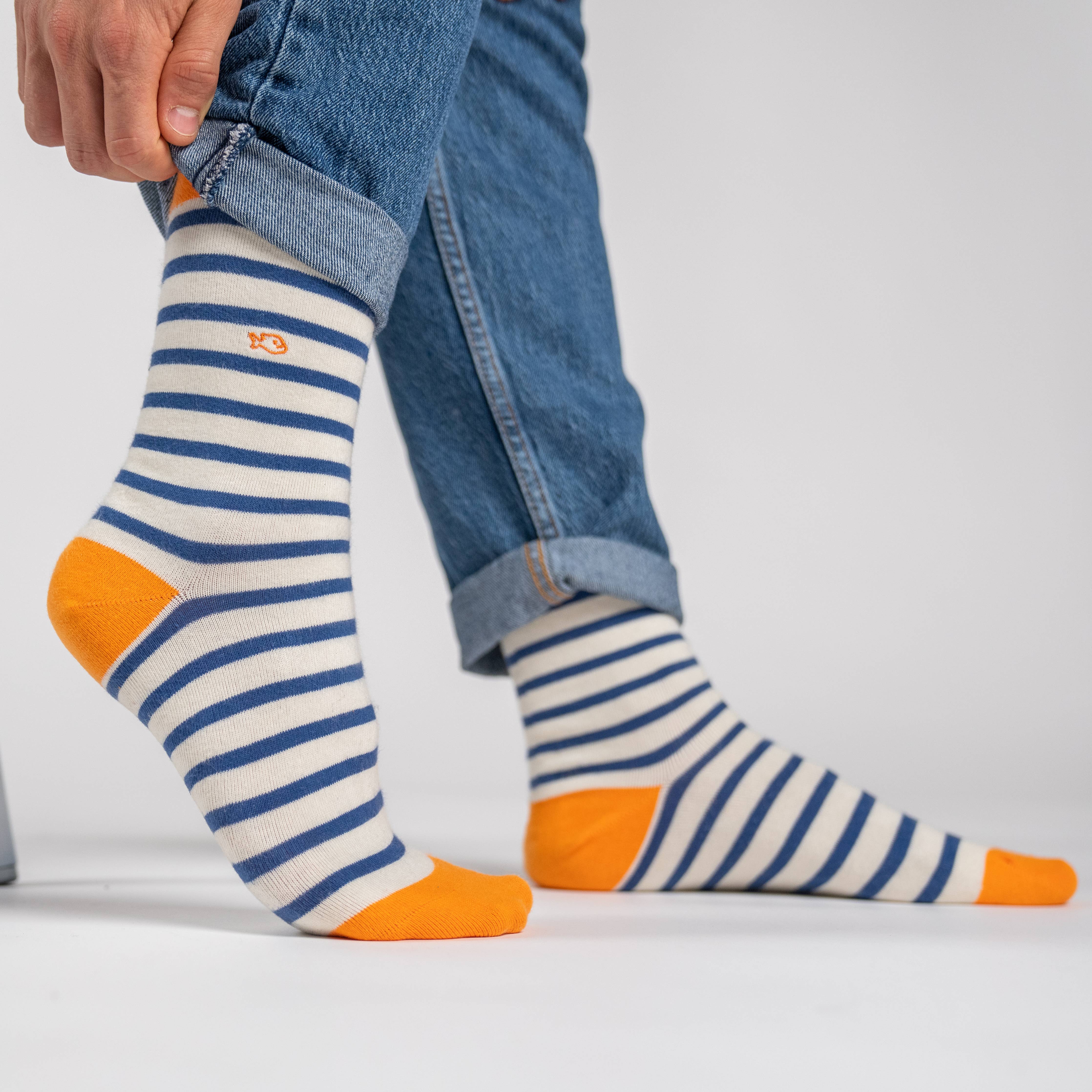 Wide ecru striped combed cotton socks