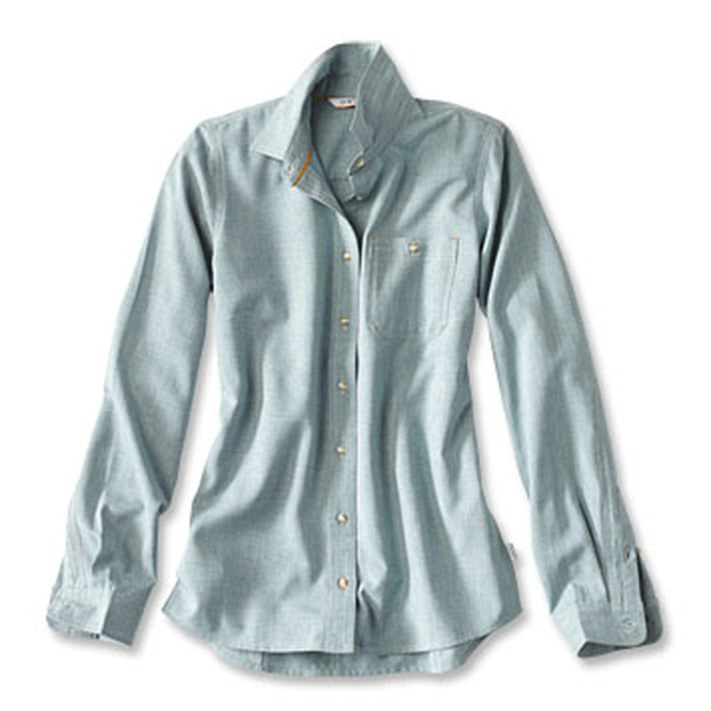 Light blue long sleeve button-up shirt with front chest pocket, casual outdoor style